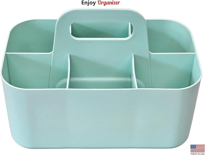 2 Pack Small 6 Compartment Multiuse Caddy Organizer with Handle Art Craft Supplies, Office, Desk, Stationery Pen Holder Stackable- Made In USA (Mint)
