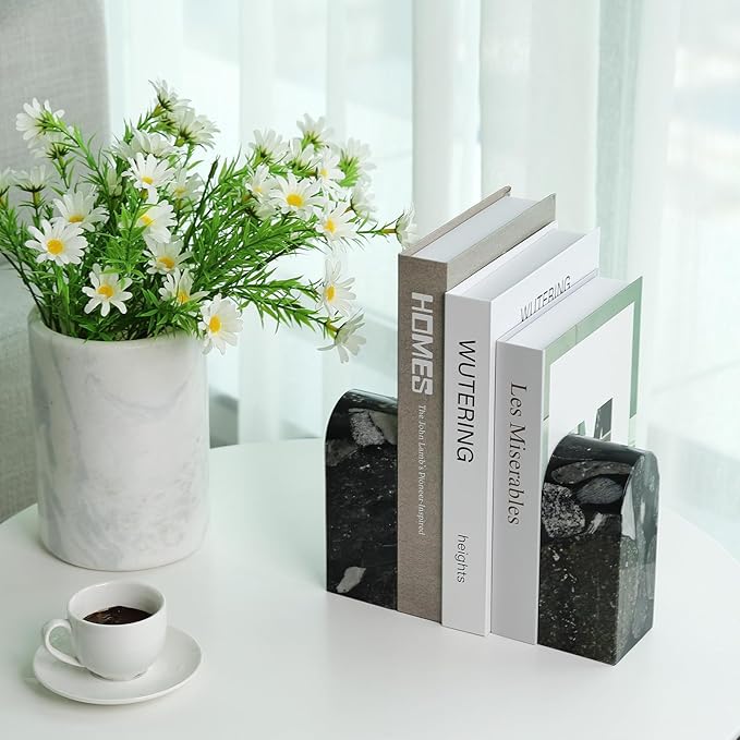 Koville Luxury Marble Bookends for Shelves, Decorative Stone Book Ends, 7lbs Heavy-Duty Marble Book Holders, Bookshelf Apartment Decor for Normal Books/CD/Video Games