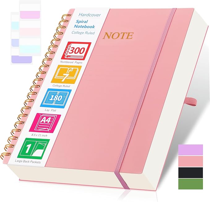 Spiral Notebook, 8.5” x 11” Notebooks for Work, 300 Numbered Pages College Ruled Notebook, Large Notebook for School with 24 Tabs, A4 Notebook Journal for Women Men, Thick Paper, Back Pocket, Pink