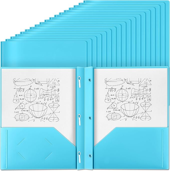 Yeaqee 30 Pcs Plastic Folders with Pockets and Prong Plastic Folders with 2 Pockets Pocket for Office, School for Students, Teachers, Office Workers (Light Blue)