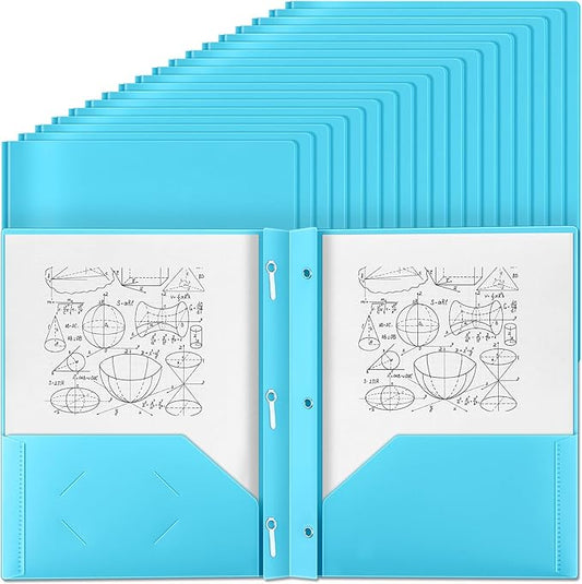 Yeaqee 30 Pcs Plastic Folders with Pockets and Prong Plastic Folders with 2 Pockets Pocket for Office, School for Students, Teachers, Office Workers (Light Blue)