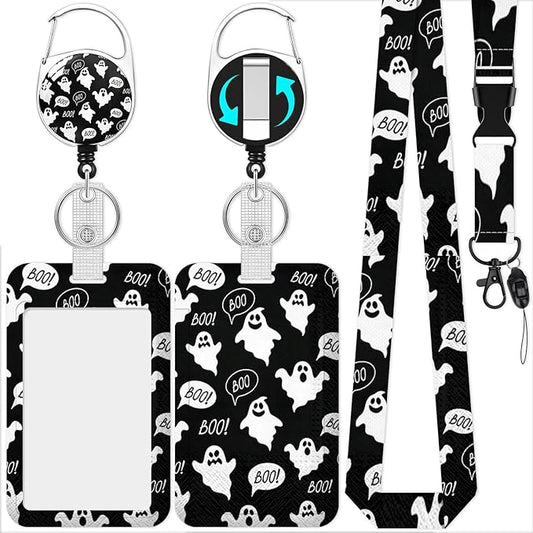 Halloween Badge Holder Reel Lanyard,Ghost ID Card Badge Holder Retractable Name Tag Clips for Doctor Nurse Teacher Office Student