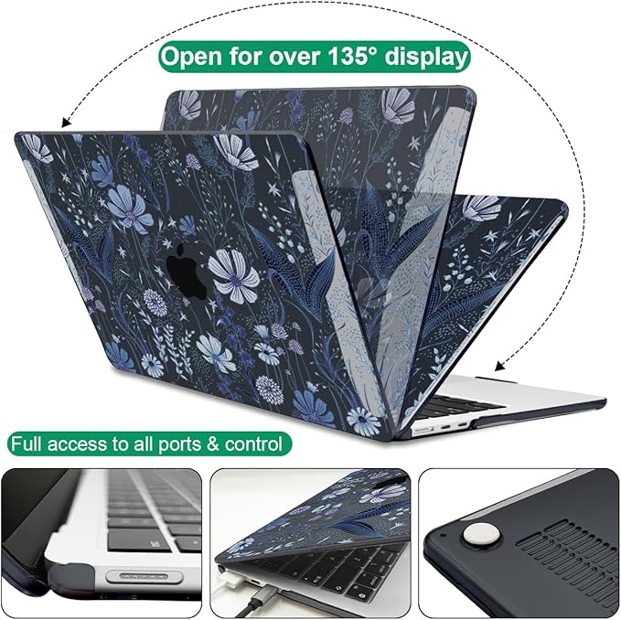 Compatible with 2022 2023 2024 MacBook Air 13.6 inch Case A3113 M3 A2681 M2, Crystal Printed Pattern Plastic Hard Case Cover for MacBook 13.6 inch Air 2024 M3 Touch ID, Wild Flowers Black