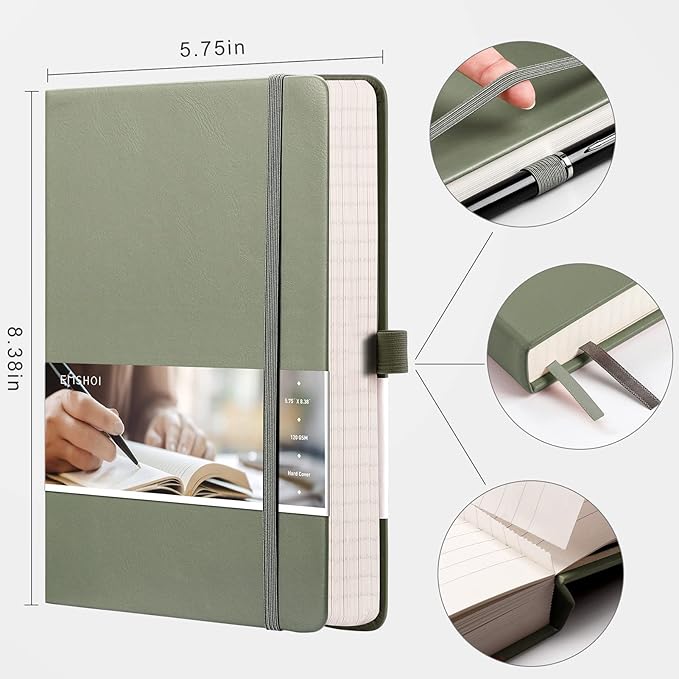 EMSHOI Notebook College Ruled - 256 Numbered Pages, 120 Gsm Thick Paper, A5 Hardcover Leather Lined Journal for Men & Women Work School Journaling Writing Diary 5.7" X 8.3"(Green)