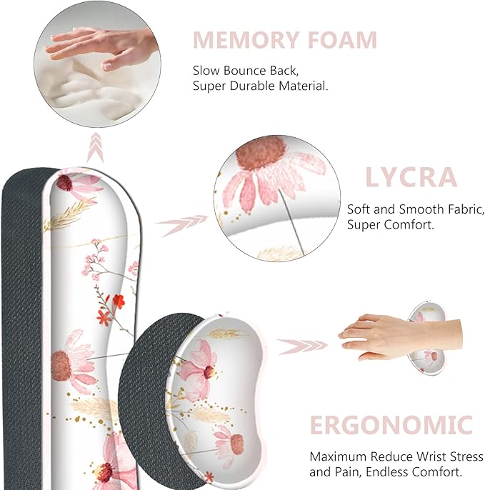 AIMSA Keyboard Mouse Pad Wrist Rest, Extended Gaming Mouse Pad +Wrist Support, Ergonomic Memory Foam,XXL Large Mousepad Easy Typing Pain Relief, 4Pcs (35×15.7 in) Desk Mat, Pink Flowers