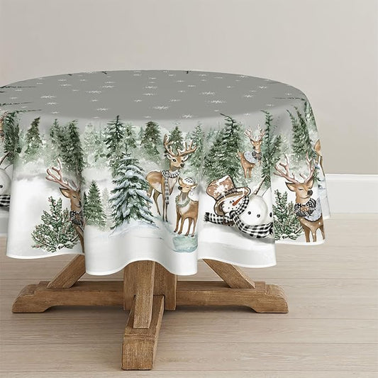 Horaldaily Christmas Tablecloth 60×60 Inch Round, Deers Snowman Trees Grey Washable Table Cover for Party Picnic Dinner Decor