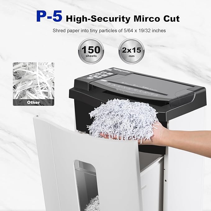 150 Sheet Auto-Feed Paper Shredder, Micro Cut P-5 Super High Security (5/64 x 19/32 inches), Large 6-Gallon Bin, 20 Mins Continuous Run, 55dB Ultra-Quiet for Home Office Use, White