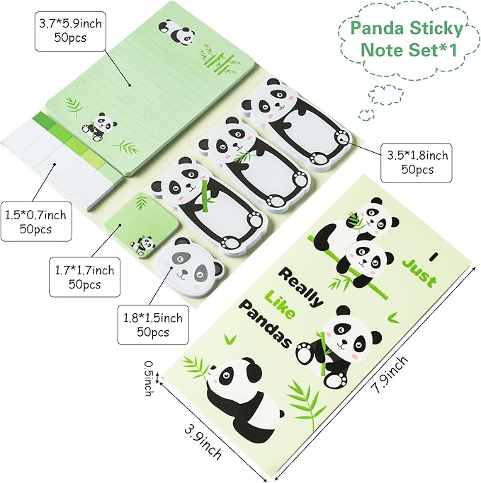 Xqumoi I Just Really Like Pandas Sticky Notes Set, 550 Sheets, Cute Cartoon Pandas Self-Stick Notes Pads Animal Divider Tabs Bundle Writing Memo Pads Back to School Office Supplies Small Gift