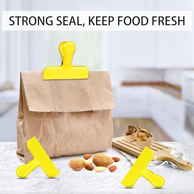 Bag Clips Heavy Duty Stainless Steel Chip Clips, Food Bags Clamp Great for Kitchen Office to Seal Coffee Bags, Paper Sheets - Pack of 8（Yellow）