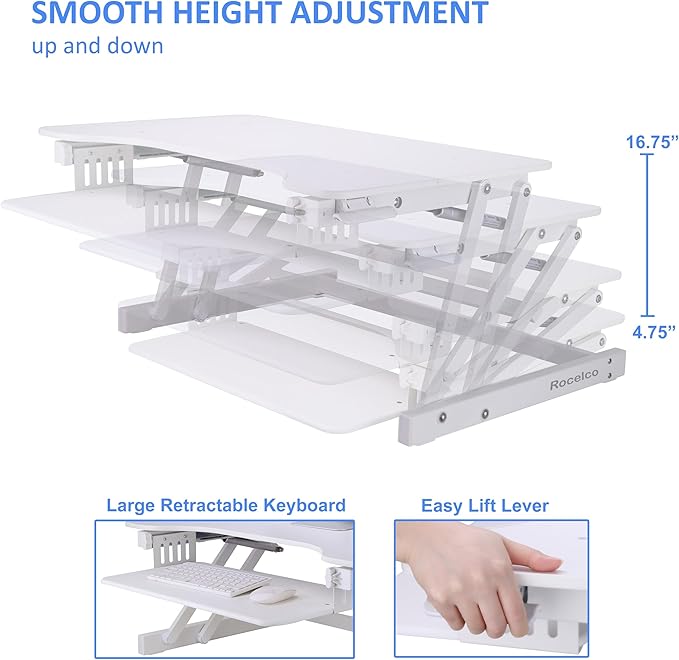 Rocelco 32" Height Adjustable Standing Desk Converter - Quick Sit Stand Up Dual Monitor Riser - Gas Spring Assist Tabletop Computer Workstation - Large Retractable Keyboard Tray - White (R ADRW)
