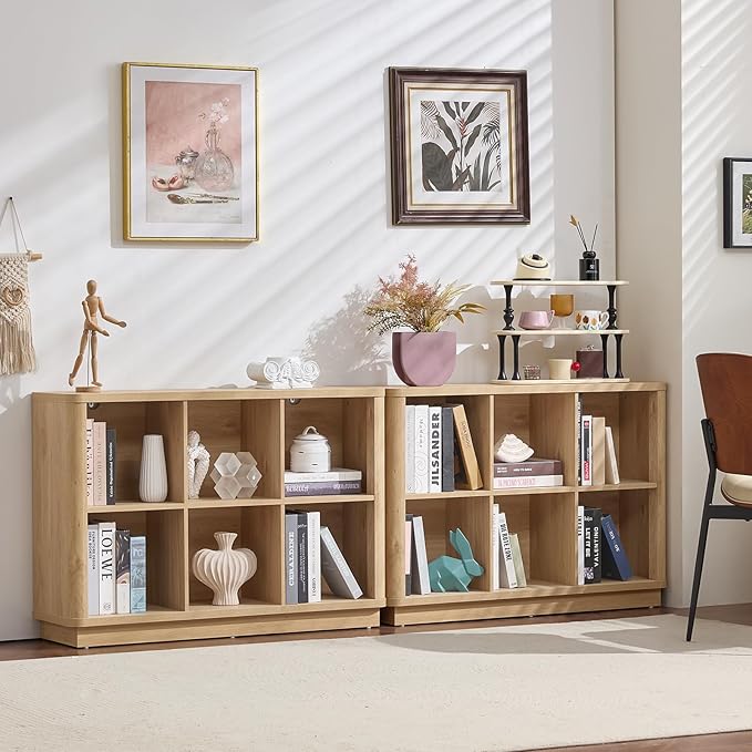 6 Cube Storage Book Shelf, 40" Wide Low Horizontal Bookcase with Curved Edge, Floor Standing 2-Tier Wooden Bookshelf with Base, Modern Short Book Case for Bedroom, Study, Entryway, Natural Oak
