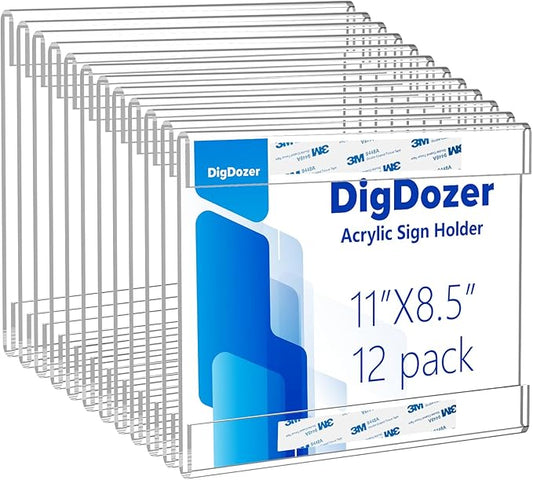 12 Pcs Acrylic Sign Holder 11 x 8.5, Horizontal Wall Mount Sign Holders with Adhesive, Clear Plastic Frames Paper Display Sign Holders for Office, Home, Store, Restaurant - No Drilling