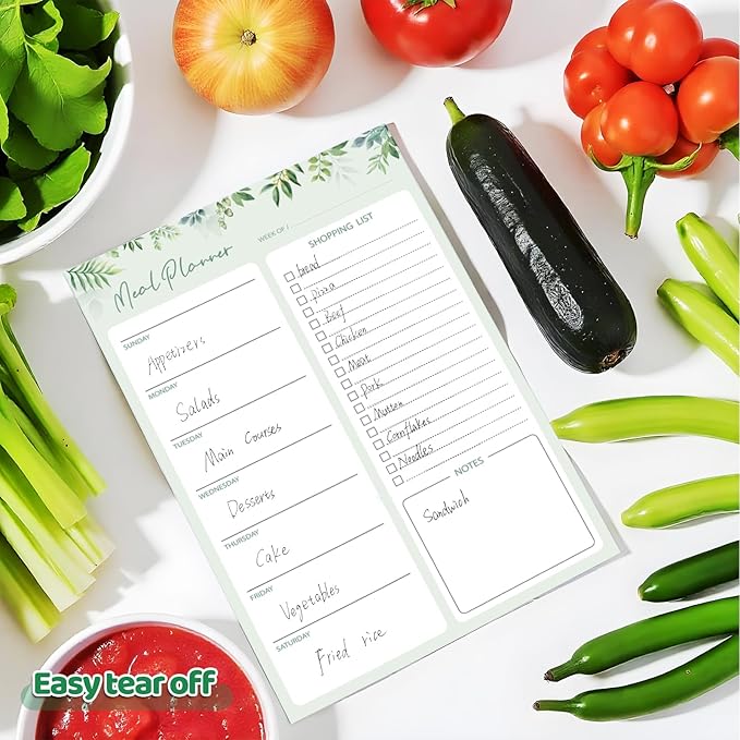 Meal Planner for fridge with Pen Holder, 60 Sheets 7x10'' Magnetic Meal Planner and Grocery List Undated Weekly Meal Planner with Tear off Shopping List for Meal Planning and Shopping, Green Leaf