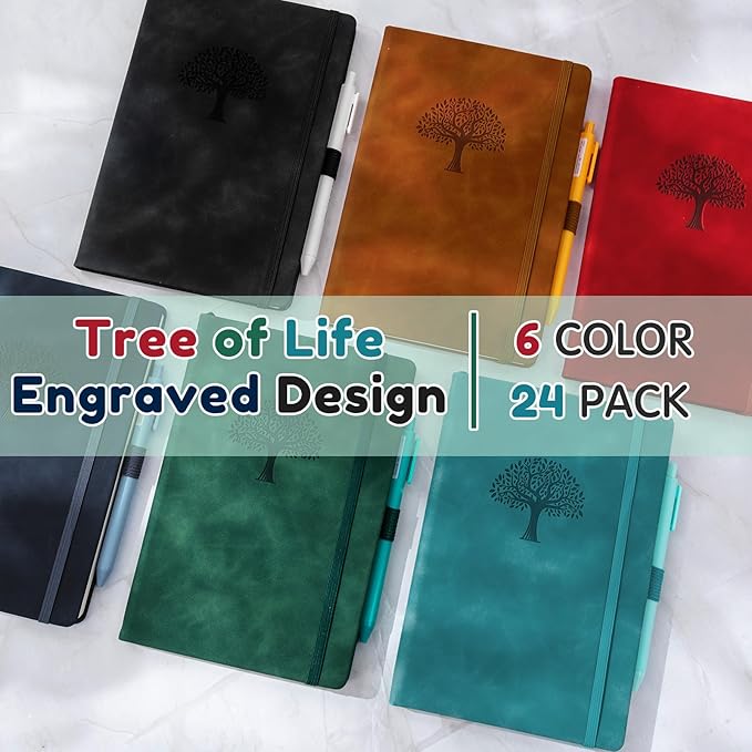 24 Pack Leather Notebook Journals Bulk 5.7" x 8.3" Harder Cover A5 Journals for Writing Men Women Leather Travel Notebooks Daily Gifts for Office School (Multicolored)