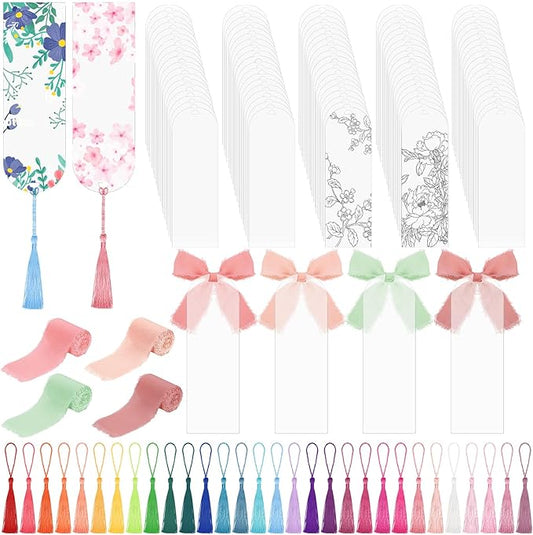 100 Pieces Acrylic Bookmark Blanks, Clear Acrylic Bookmarks with 30 Pieces Tassels and 4 Rolls Chiffon Silk Ribbon, Transparent DIY Bookmarks for Book Lover Crafts Present Tag Reading Accessories