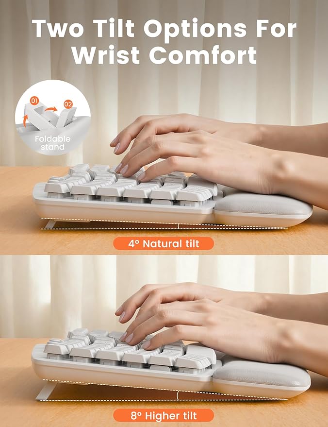 White Wireless Keyboard and Mouse Combo for MacBook & Windows, 30dB Quiet Ergonomic Keyboard Set with Wave Keys & Soft Palm Rest, Silent Typing, Dual-System Switch, Ideal for Home Office—Sablute