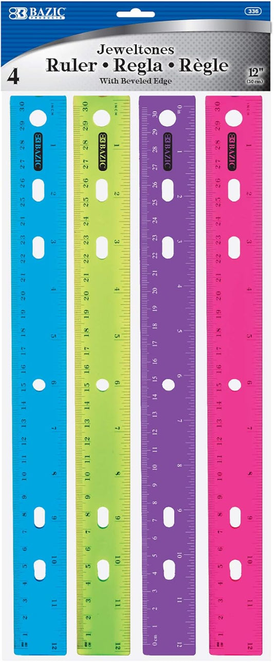 BAZIC Jeweltones Color Plastic Ruler 12" (30cm), Inches Centimeter Metric Measuring Drafting Rulers, for Students School Supplies (4/Pack), 24-Packs