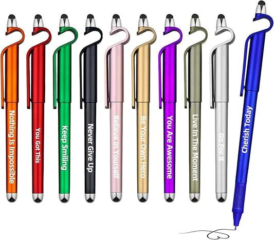 10 Pcs Motivational Ballpoint Pens Batch, Office Snarky Phone Holder and Touch Screen Stylus Pen, Black Ink Encouragement Quotes,Inspirational Gifts for School and Corporate Office Supplies