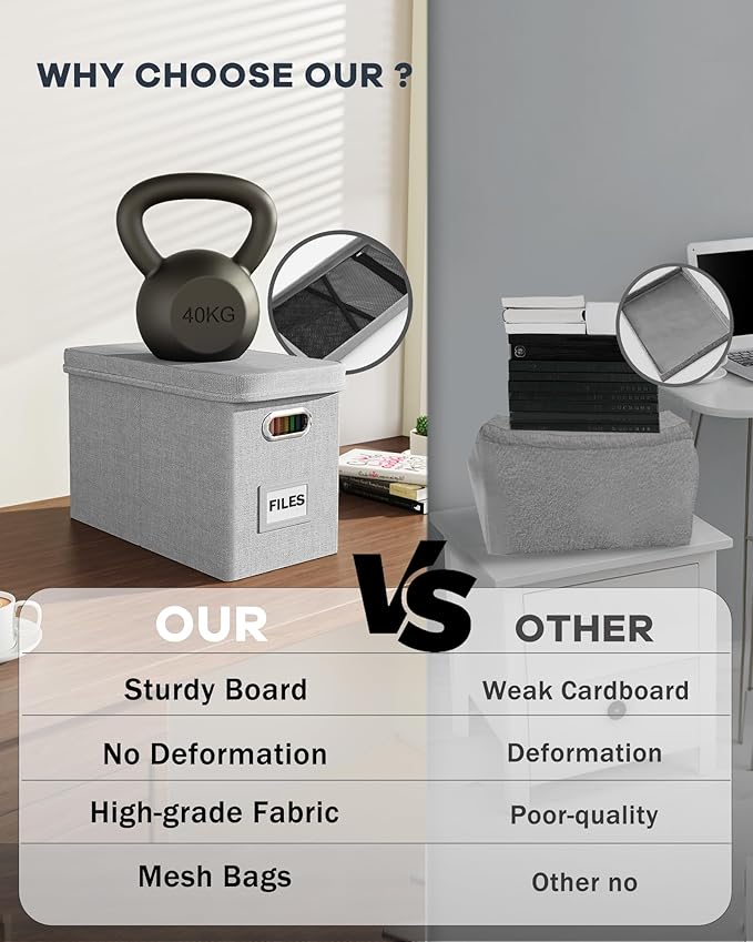 Oterri File Organizer with Lid, Hanging Filing Box with Mesh Pocket, Document Organizer for Letter Files, Portable Storage Box with Smooth Sliding Rail for Office & Home (1 PCS, Light Grey)