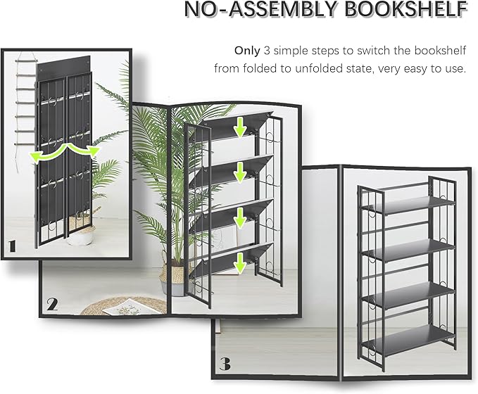 4NM No Assembly 4 Tiers Folding Bookshelf, 47.2" H Foldable Storage Shelves Vintage Bookcase Standing Racks Study Organizer Home Office - All Black