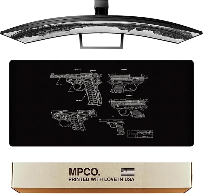 MPCO. Blueprints Large Gaming Desk Pad - 36" x 17" Duraglyde Fabric Pistol 38 – Black Desk Mats - Non-Slip, Washable, Smooth Glide for Precision Gaming & Work
