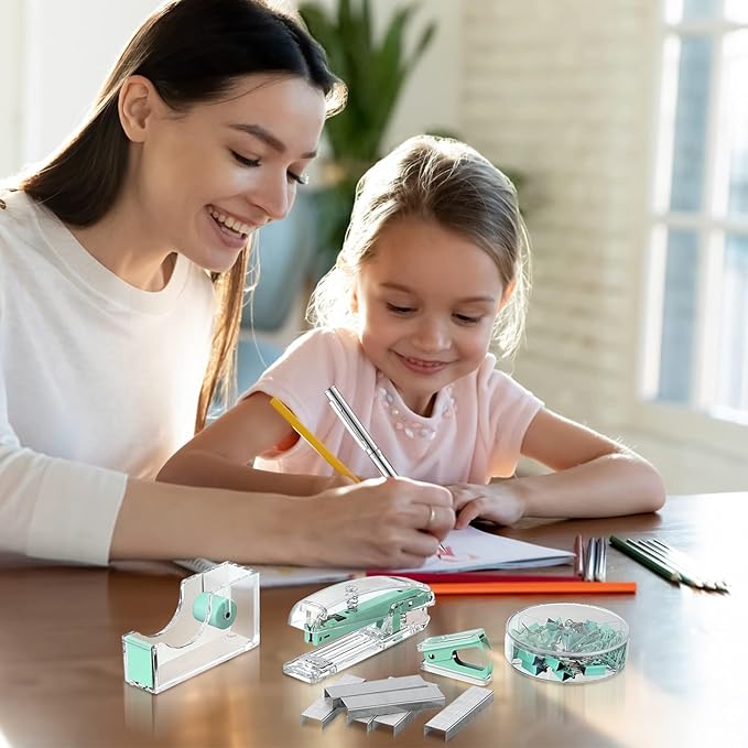 Office Supplies Set Desk Accessory Kit, Acrylic Stapler Set Staple Remover, Tape Dispenser, Binder Clips, Paper Clips, Ballpoint Pen and Scissor with 1000 Pieces 26/6 Staples (Green)