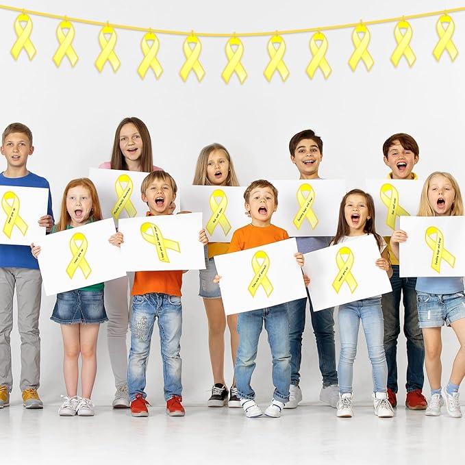 Kosiz 100 Pack Large Gold Ribbon Set 100 Childhood Cancer Ribbon Cutouts 2 Marker Pens 100 Wooden Clips with Rope Neuroblastoma Cancer Awareness Items for Public Charity Party Supplies