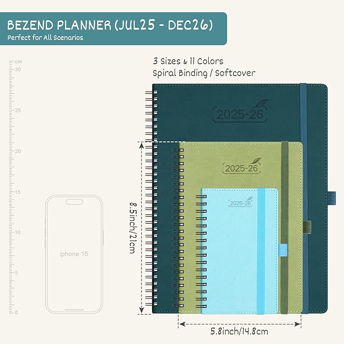BEZEND 2026 Planner Weekly and Monthly (6" x 8.5") Daily Calendar Book with Tabs (Jul 25-Dec 26) Vertical Hourly Timeslots, Storage Pocket, Pen Holder, Spiral, PU Leather Softcover - Cornflower