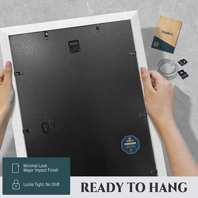 11x14 Picture Frame 4 Pack - White Solid Wood Poster Photo Frame - Tempered Glass - Woodgrain Series - Room, Office, Gallery, Studio Display - Wall Hanging