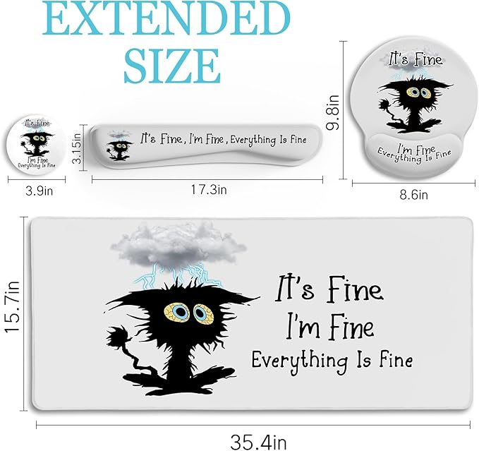 Desk Mat Set, Large Gaming Mouse Pad with Wrist Rest, Ergonomic Mouse Pad Keyboard Mat Wrist Support, Cup Coaster, Home Office Desk Accessories Decor Supplies, Funny Black Cat