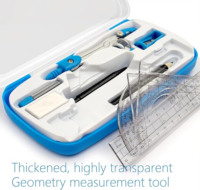 Drafting Compass Kit School Supply Set Featuring Geometry Compass, Protractor, Set Squares, and Ruler – for School Grade Boy snd Girl with Every Piece Compact in Carrying Case, Classic Blue