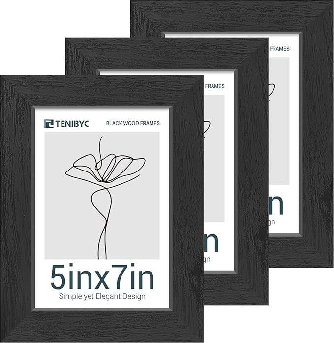 5x7 Picture Frames Set - 3 Pack - Black Solid Wood Poster Frame - Tempered Glass - Exclusive Woodgrain - Rooms, Offices, Gallery, Studio, and Hallway, Wall Display Decor