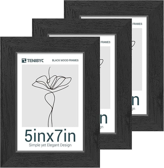 5x7 Picture Frames Set - 3 Pack - Black Solid Wood Poster Frame - Tempered Glass - Exclusive Woodgrain - Rooms, Offices, Gallery, Studio, and Hallway, Wall Display Decor