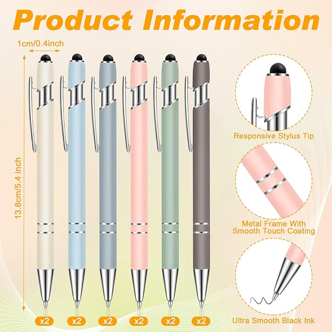 Tenare 12 Pieces 2 in 1 Stylus Metal Ballpoint Pen with Stylus Tip, 1.0 mm Black Ink Ballpoint Pen for Touch Screens(Morandi Color and Silver)
