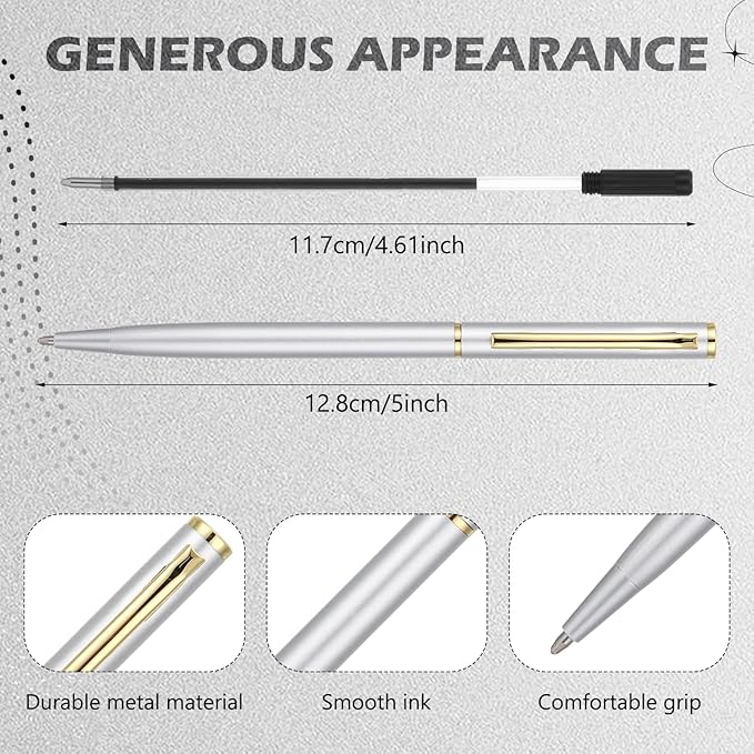Lincia 100 Pieces Silver Slim Metal Ballpoint Pen 1 mm Medium Black Ink Smooth Writing Silver Retractable Point Metal Pen for Office Business Students Teachers Wedding Guest(Classic)