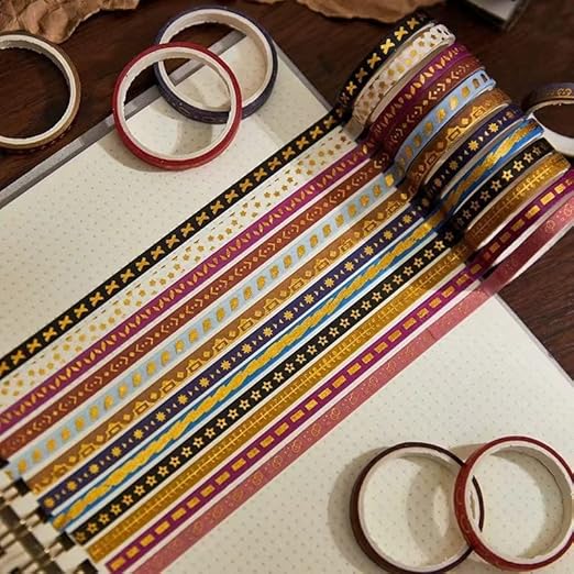 YUBX Skinny Gold Washi Tape Set Basic Foil Print Decorative Masking Tapes for Arts, DIY Crafts, Journals, Planners, Scrapbook, Wrapping (Peacock Tail)