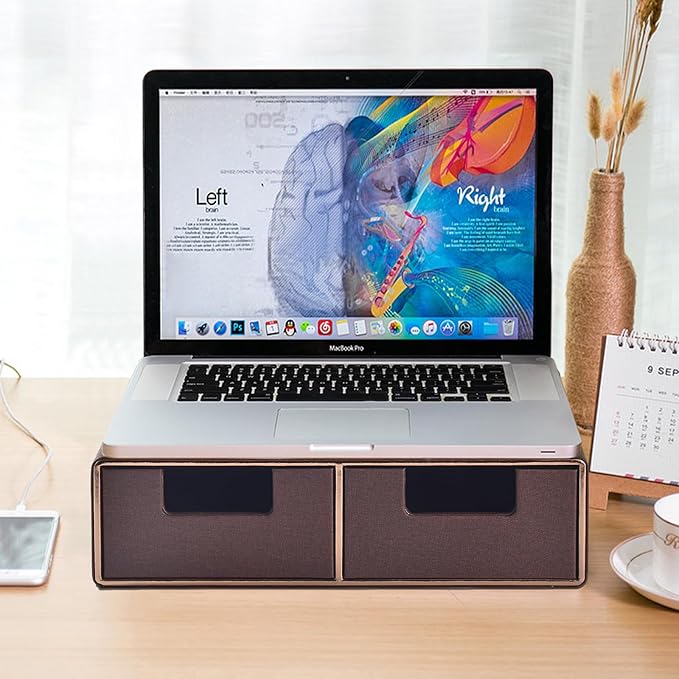 Linen Leather Desk Organizer and monitor stand with Drawers－Mini Desktop Drawer Organizer Stackable－Tabletop Organization Storage Box for Office Supplies Home Vanity Toiletries (Brown, 2-drawers)
