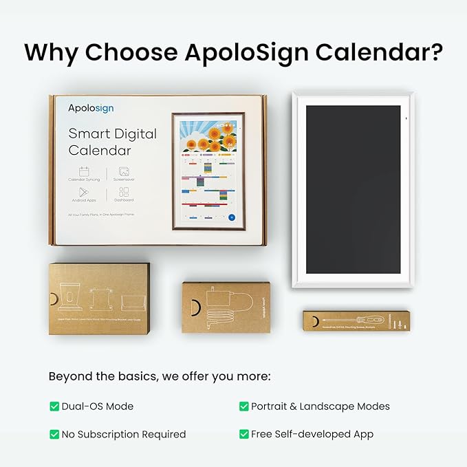 ApoloSign Digital Calendar: Electronic Calendar, Smart Touchscreen Interactive Display for Chore Chart, Family Schedules Planner, Supports All Apps via Google Play (White, 15.6-inch)
