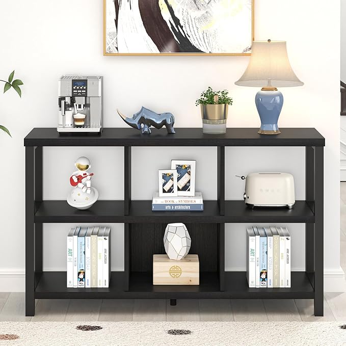 FOLUBAN Industrial 6 Cube Storage Organizer Bookshelf, Wood and Metal Cubby Bookcase, Horizontal Open Book Shelf for Bedroom Living Room, Black Oak, 47 Inch