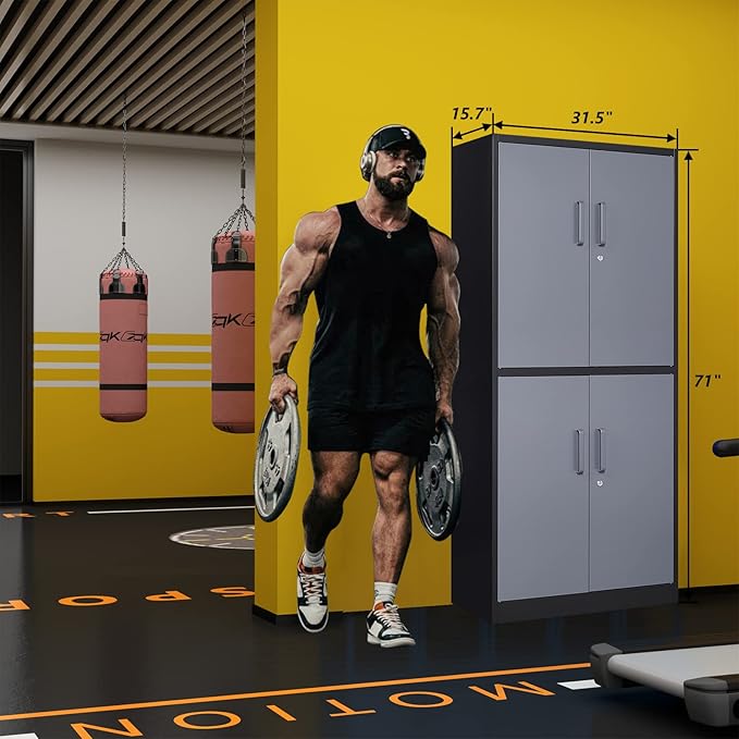 STANI Metal Storage Cabinet, Locking Steel Cabinet with 4 Doors and 2 Adjustable Shelves, 71'' Lockable File Tall for Home Office,Garage,School, Black&grey, (TSJ-BG)