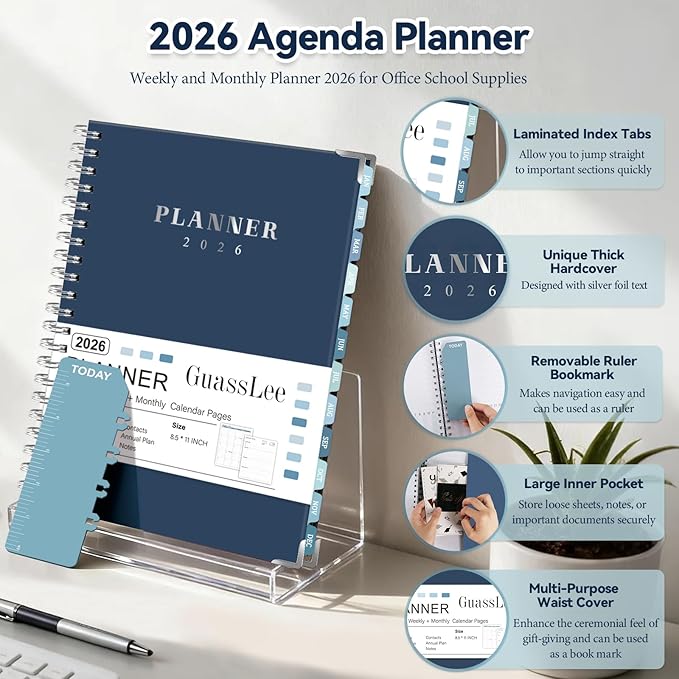 GuassLee Large 2026 Planner, Weekly and Monthly Planner from January 2026-December 2026, 8.5"x 11" Calendar Agenda Book with Back Pocket, Stickers for Home Office School Supplies, Navy Blue