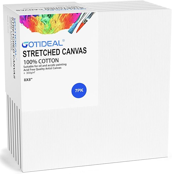 GOTIDEAL Stretched Canvases for Painting, 8x8 Inch Set of 7, Primed White - 100% Cotton Blank Art Square Canvas Boards for Painting for Acrylic Pouring, Oil Paint Dry & Wet Art Media