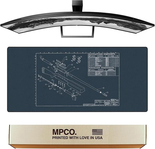 MPCO. Blueprints Large Gaming Desk Pad - 36" x 17" Duraglyde Fabric Browning 50 Cal – Blue Desk Mats - Non-Slip, Washable, Smooth Glide for Precision Gaming & Work