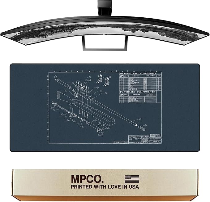 MPCO. Blueprints Large Gaming Desk Pad - 36" x 17" Aeroglyde Fabric Browning 50 Cal – Blue Desk Mats - Non-Slip, Washable, Smooth Glide for Precision Gaming & Work
