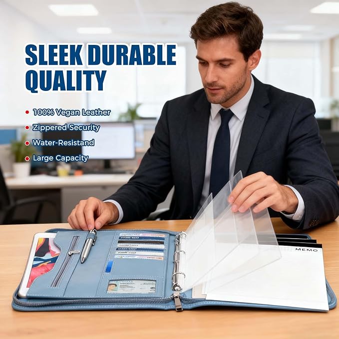 Padfolio Portfolio Folder Binder-Organizer Planner Notebook Zippered Portfolio Padfolio for Women & Men with Document Sleeve,Letter/A4 Size Clipboard,Business Card Holders (Grey Green)