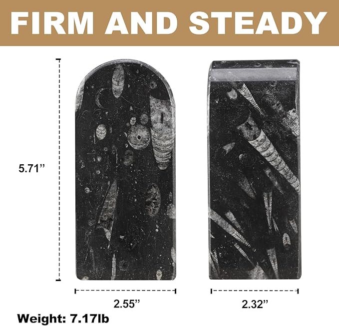 Koville Moroccan Natural Marble Bookends for Shelves, Decorative Book Ends, 7lbs Heavy-Duty Marble Book Holders, Bookshelf Apartment Decor for Normal Books/CD/Video Games(Black Fossil)