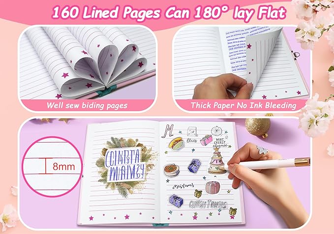 Girls Diary with Lock for Kids, 7x5.25 Inches 160 Lined Pages Secret Pink Doughnut Notebook for Girls Journal with Lock for Kids Pre School Writing Drawing Cute Girls Gifts for Birthday