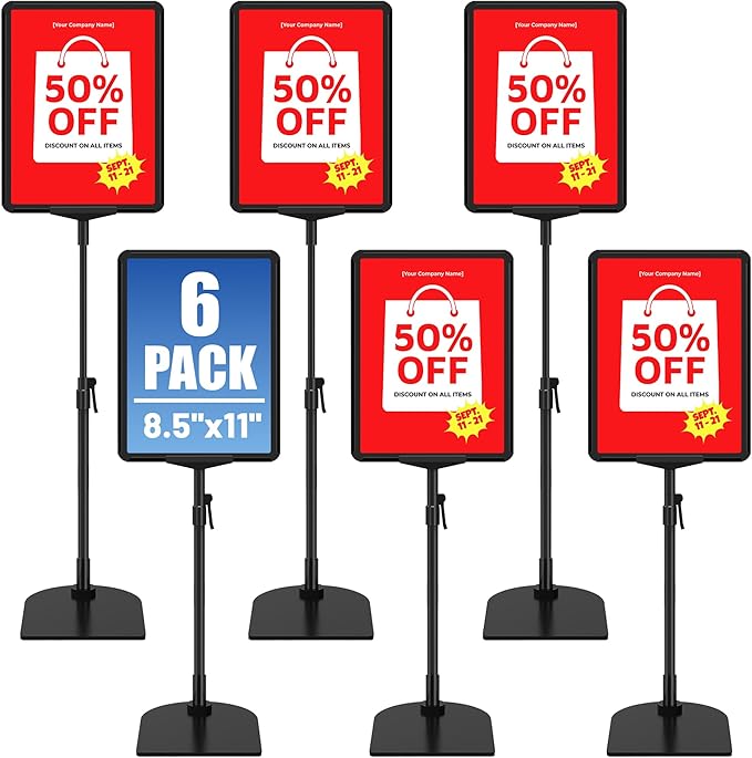 6Pack Sign Stand for Display 8.5 x 11, Adjustable Poster Stand for Table Top & Floor, Floor Standing Sign Holder, Metal Signage Stands for Business, Tradeshow, Store, Farm Display Stands