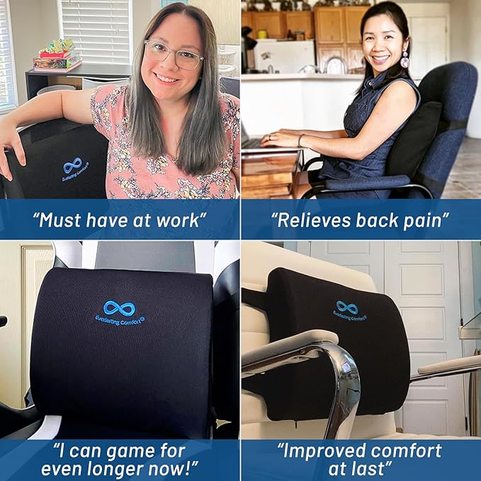 Everlasting Comfort Lumbar Support Pillow for Office Chair - Memory Foam Back Cushion for Car Seat - Promotes Better Posture, Back Pain Relief - Ideal Gaming and Desk Chairs Work and Home Essentials