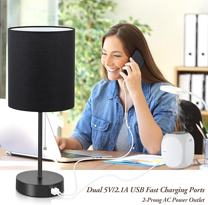 Table Lamps Set of 2 with USB Charging Ports, Black Bedside Lamps with AC Outlet, Nightstand Lamps with Pull Chain Switch, Minimalist Modern Desk Lamps with Fabric Shade for Living Room Bedroom Office